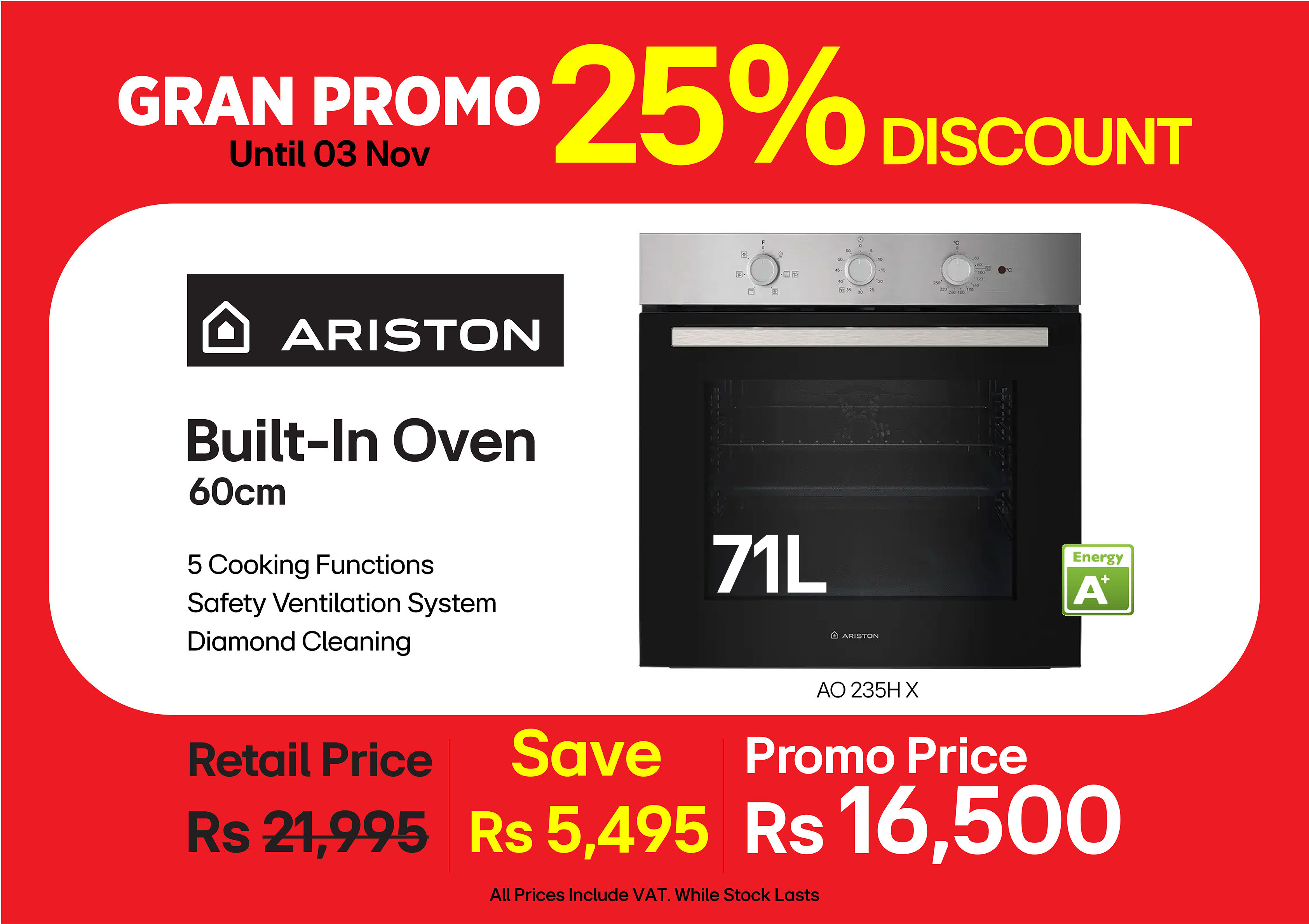 ARISTON Built-In Oven 60cm 71L AO235HX